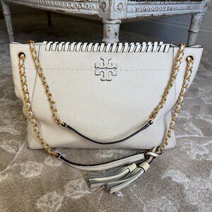 💋 Tory Burch McGraw Whipstitch Ivory Pebbled Leather Chain Shoulder Bag